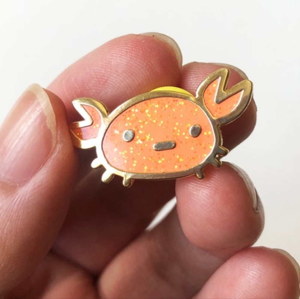 Jace Crab, Orange Enamel Glitter Pin with Sunshine Yellow Clutch